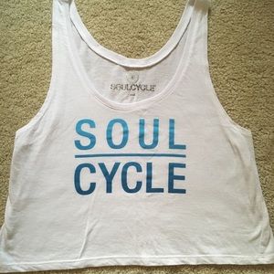 White SoulCycle cropped tank top with blue ombré